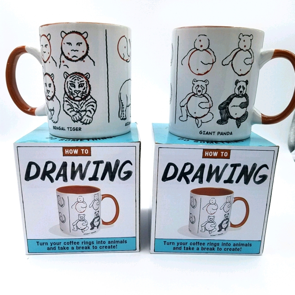 Pair of coffee mugs new in box drawing animals Art